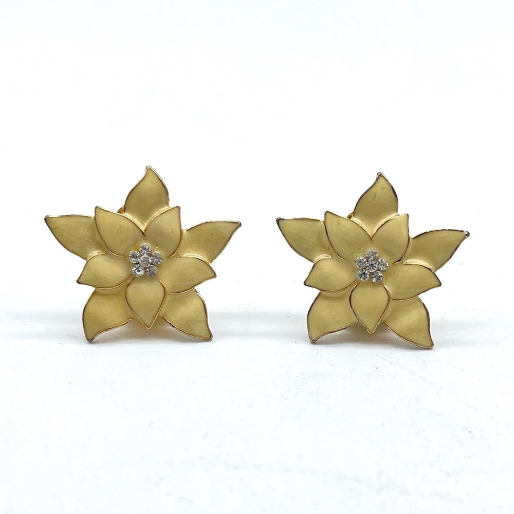 Eisenberg Ice Gold Tone Poinsettia Flower Clip On Earrings with Crystal Accents